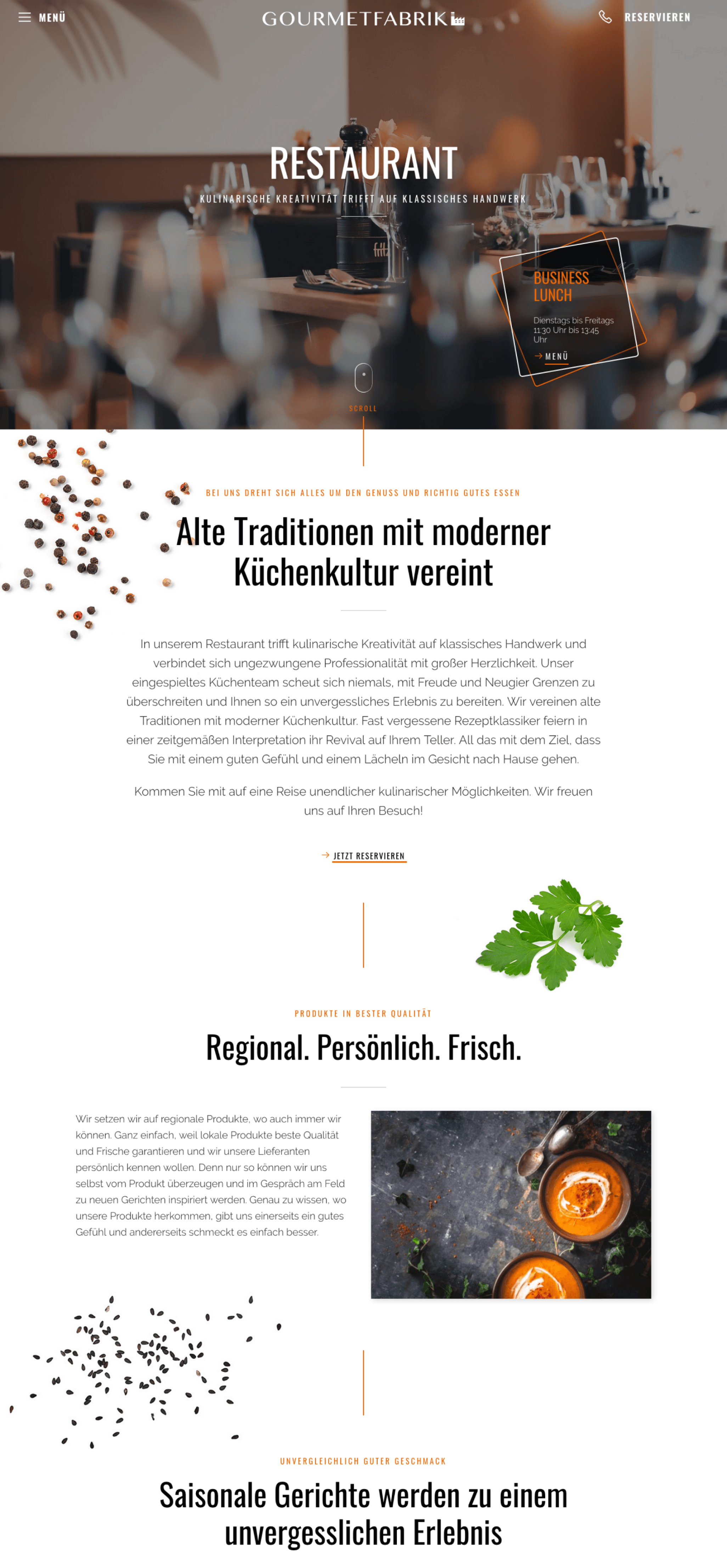 Webseite der Gourmetfabrik: Startseite des Restaurants mit Fokus auf kulinarische Kreativität und klassisches Handwerk. Bild zeigt stilvoll gedeckte Tische und Text "Alte Traditionen mit moderner Küchenkultur vereint". Abschnitt über regionale, persönliche und frische Produkte sowie saisonale Gerichte. Button "Jetzt reservieren" und einladende Beschreibung des kulinarischen Erlebnisses. Perfekt für Feinschmecker und Genießer.