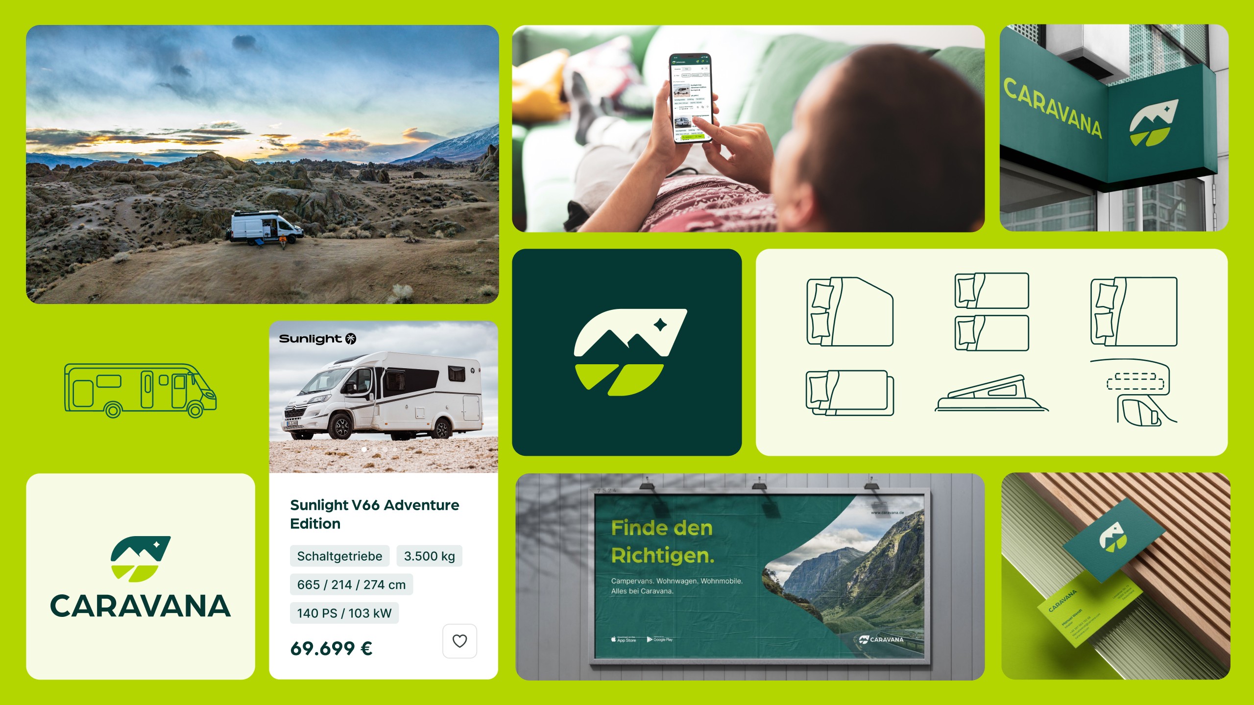 Collage mehrerer Bilder und Grafiken zu CARAVANA Wohnmobilen: Eine Familie lädt Gepäck in ein Wohnmobil in der Wüste, ein Mann benutzt ein Smartphone auf einem Sofa, das Logo von CARAVANA, grafische Darstellungen verschiedener Wohnmobil-Modelle, ein CARAVANA-Wohnmobil auf einem Werbebanner und CARAVANA-Werbematerialien.