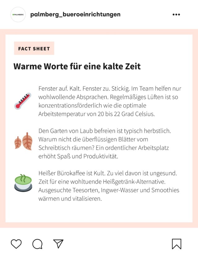 Instagram-Beitrag von palmberg_bueroeinrichtungen mit einem Fact Sheet mit dem Titel 'Warme Worte für eine kalte Zeit' und Tipps für ein optimales Arbeitsklima, einen aufgeräumten Arbeitsplatz und gesunde Heißgetränk-Alternativen.