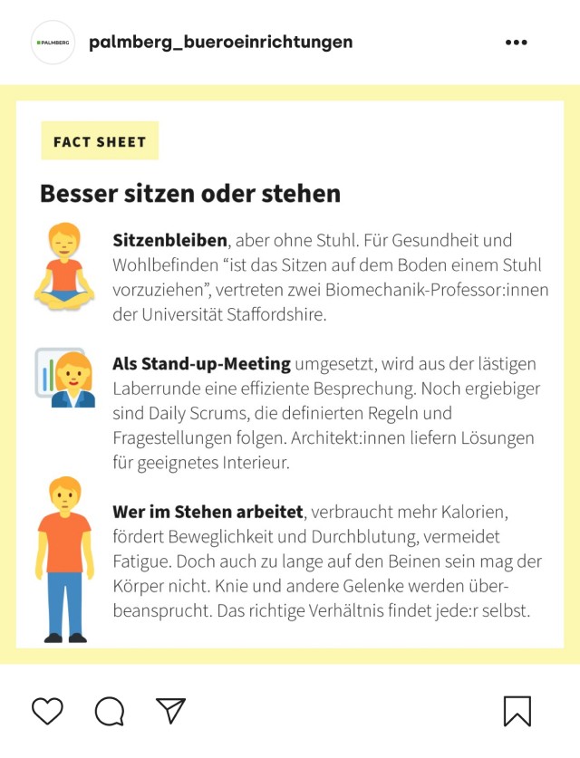 Instagram-Beitrag von palmberg_bueroeinrichtungen mit einem Fact Sheet mit dem Titel 'Besser sitzen oder stehen' und Tipps zum Sitzenbleiben, Stand-up-Meetings und Arbeiten im Stehen.