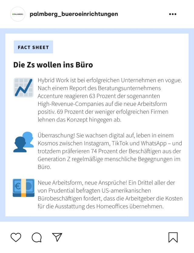 Instagram-Beitrag von palmberg_bueroeinrichtungen mit einem Fact Sheet mit dem Titel 'Die Zs wollen ins Büro' und Informationen über Hybrid Work, die Präferenzen der Generation Z und die Anforderungen an die Arbeitgeber für Homeoffice-Ausstattungen.