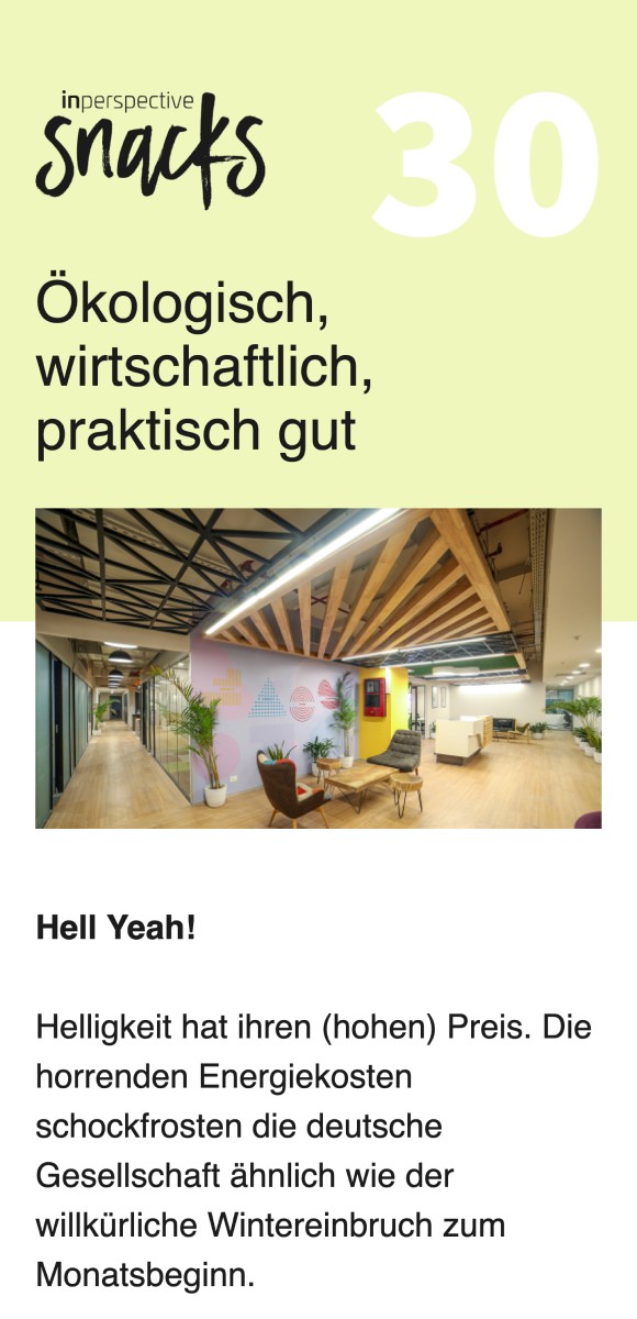 Newsletter-Screenshot mit der Überschrift 'Ökologisch, wirtschaftlich, praktisch gut' und einem modernen Bürobereich mit hellen Farben und Pflanzen, sowie Text über die Herausforderungen und Kosten von Helligkeit.