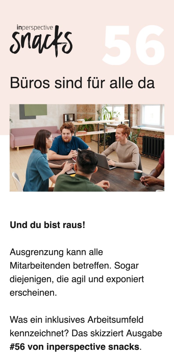 Newsletter-Screenshot mit der Überschrift 'Büros sind für alle da' und einem Bild von Menschen, die in einem modernen Bürobereich zusammenarbeiten, sowie Text über Inklusivität am Arbeitsplatz.