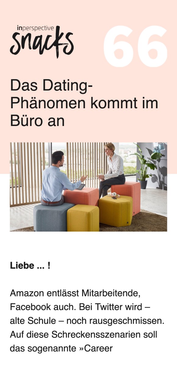 Newsletter über das Dating-Phänomen im Büro und die Auswirkungen von Entlassungen - 'Das Dating-Phänomen kommt im Büro an'.