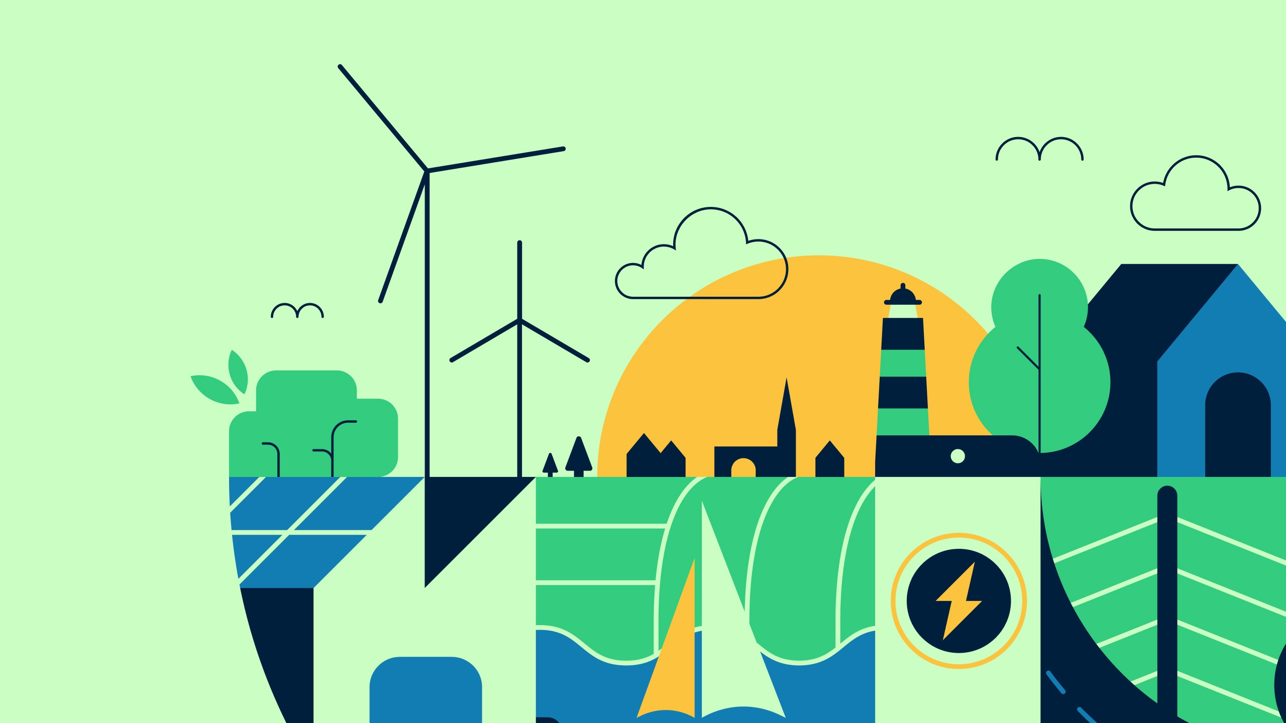 Grafische Darstellung einer nachhaltigen Landschaft mit Windkraftanlagen, einem Sonnenuntergang, Bäumen, Solarpanels und einem Segelboot.