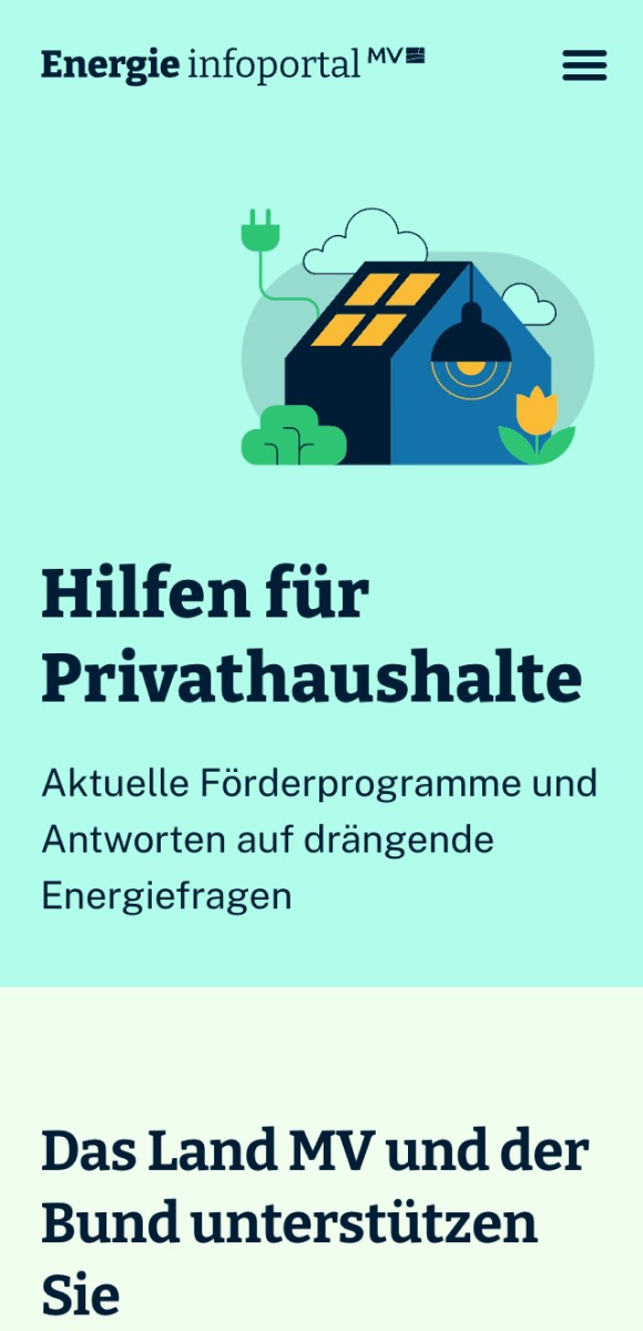 Mobile Ansicht der Website 'Energie Infoportal MV' mit Informationen zu Hilfen für Privathaushalte und Förderprogrammen.