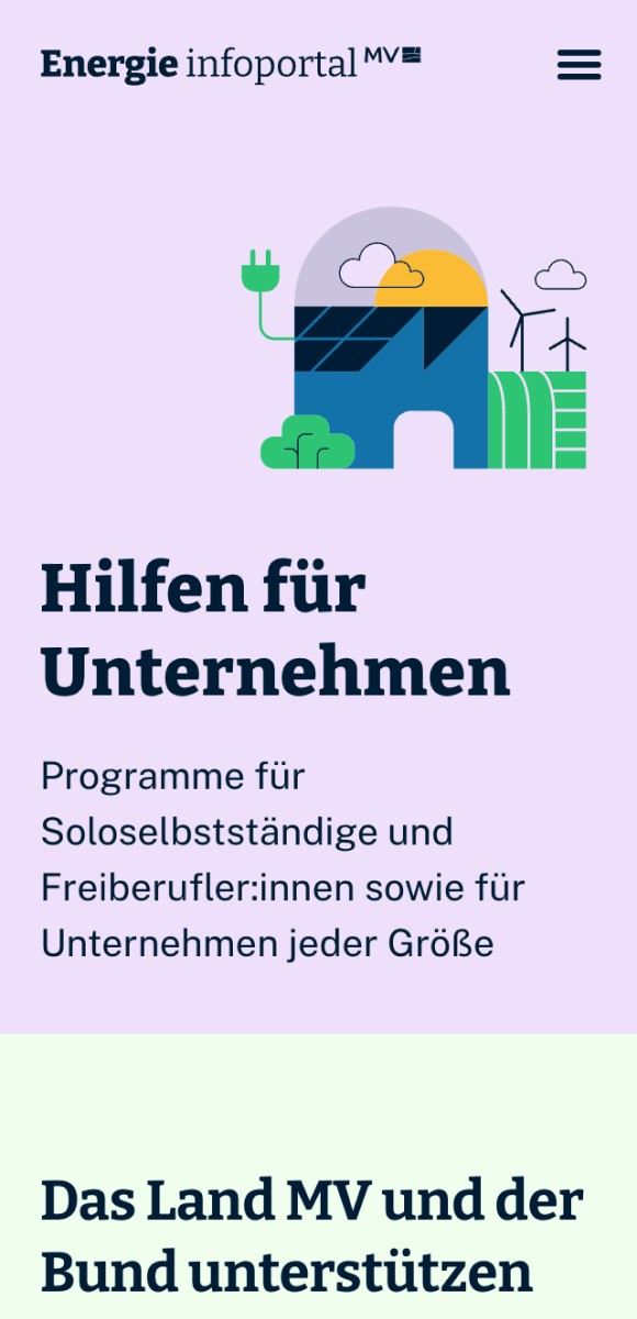 Mobile Ansicht der Website 'Energie Infoportal MV' mit Informationen zu Hilfen für Unternehmen und Förderprogrammen für Selbstständige und Freiberufler.