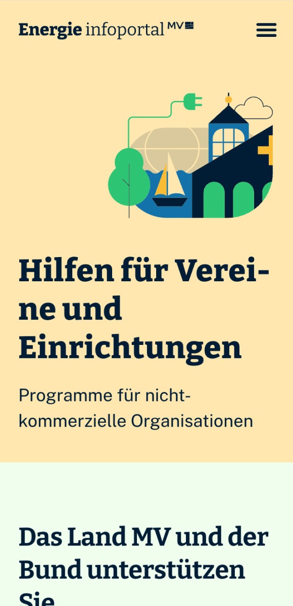 Mobile Ansicht der Website 'Energie Infoportal MV' mit Informationen zu Hilfen für Vereine und Einrichtungen sowie Förderprogrammen für nicht-kommerzielle Organisationen.