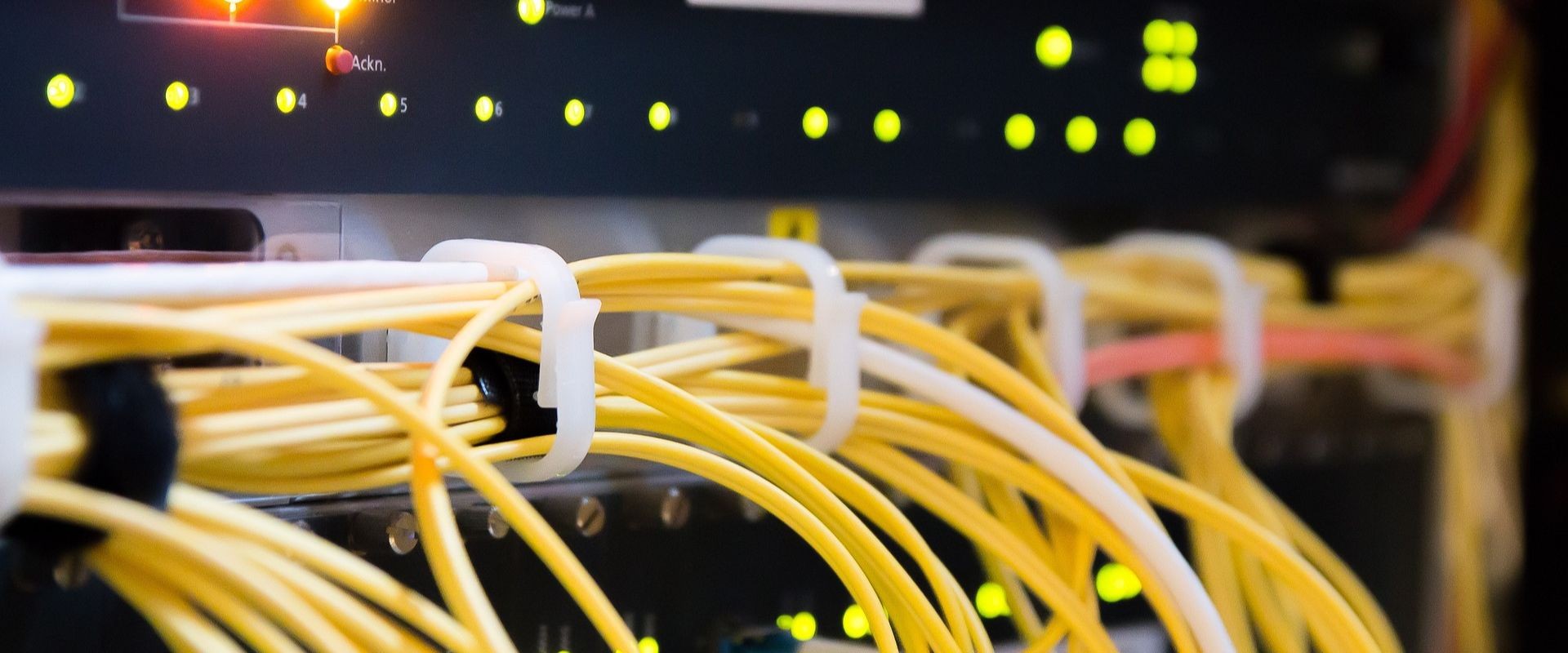 Nahaufnahme von Netzwerkkabeln, die mit einem Server verbunden sind, mit blinkenden Anzeigeleuchten in einem Rechenzentrum.