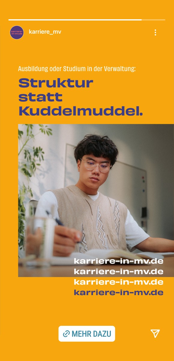 Instagram Story mit dem Slogan „Struktur statt Kuddelmuddel“ in blauer Schrift auf orangem Hintergrund. Darunter ein junger Mann mit Brille und Strickweste, der konzentriert an einem Schreibtisch arbeitet. Mehrfacher Verweis auf die Website „karriere-in-mv.de“ und ein „Mehr dazu“-Button. Thema: Ausbildung oder Studium in der Verwaltung.