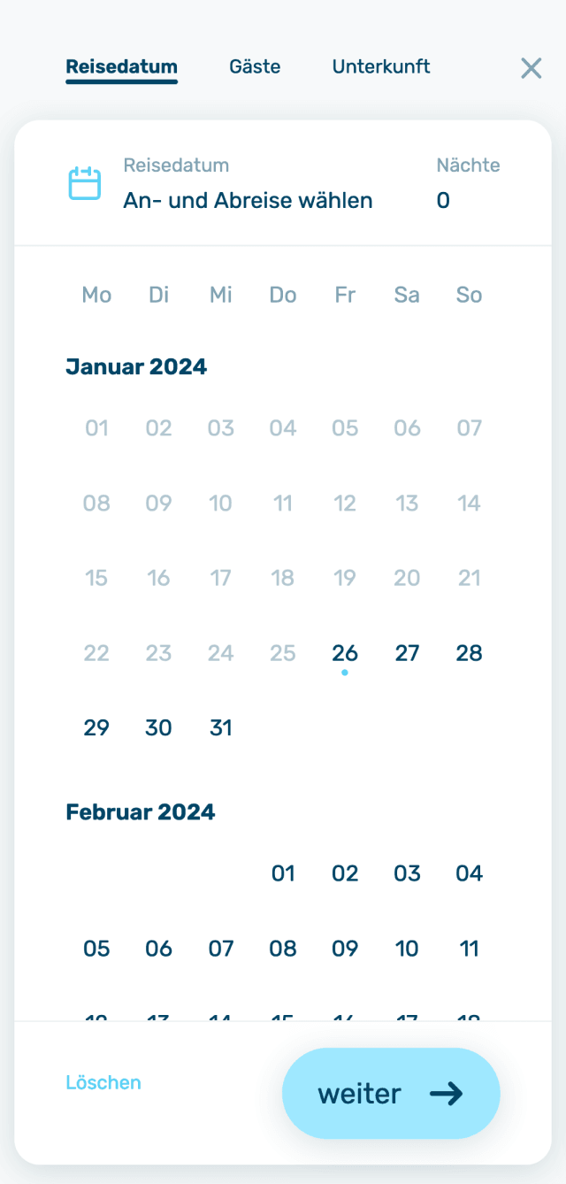 Benutzerfreundliches Buchungstool für die Insel Usedom mit Kalenderansicht zur Auswahl von An- und Abreisedatum. Übersichtlich gestalteter Kalender für Januar und Februar 2024 mit hervorgehobenen Tagen. Unten ein blauer 'Weiter'-Button zur nächsten Buchungsstufe und eine 'Löschen'-Option zum Zurücksetzen der Auswahl. Optimiert für einfache Urlaubsplanung.