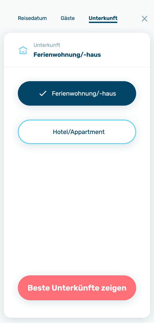 Benutzeroberfläche zur Unterkunftsauswahl auf der Usedom-Website. Zwei Optionen stehen zur Verfügung: 'Ferienwohnung/-haus' (ausgewählt, markiert mit einem Haken) und 'Hotel/Apartment'. Am unteren Rand ein prominenter rosa Button mit der Aufschrift 'Beste Unterkünfte zeigen'. Klare und einfache Navigation für eine gezielte Unterkunftssuche.