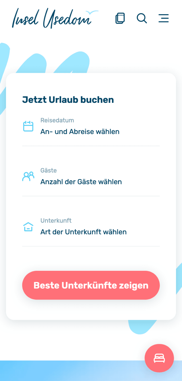 Benutzeroberfläche der Website 'Insel Usedom' mit einer Buchungsmaske zur Urlaubsplanung. Optionen zur Auswahl von Reisedatum, Gästeanzahl und Unterkunftstyp mit einem Button 'Beste Unterkünfte zeigen' zur schnellen Buchung.