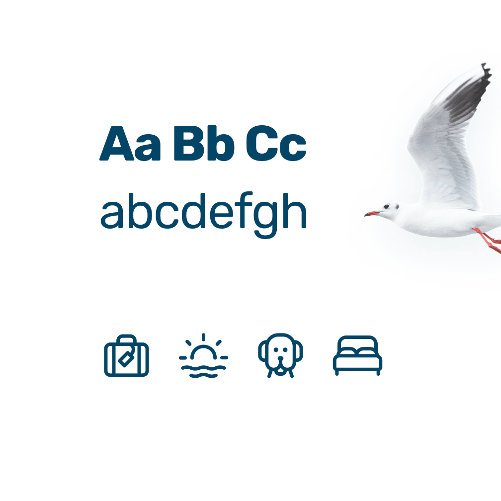 Typografie- und Icon-Design der Insel Usedom mit einer modernen Schriftart in Dunkelblau, kombiniert mit minimalistischen Icons, die Urlaub, Sonnenuntergänge, Haustierfreundlichkeit und Unterkunft symbolisieren. Eine fliegende Möwe ergänzt das maritime Thema und vermittelt die Freiheit und Naturverbundenheit der Ostseeinsel.