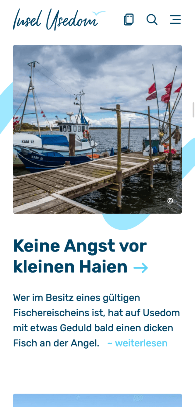 Screenshot einer Informationsseite über Angeln auf der Insel Usedom. Im Fokus ein traditioneller hölzerner Steg mit Fischerbooten und roten Flaggen vor bewölktem Himmel. Die Überschrift 'Keine Angst vor kleinen Haien' leitet einen Text ein, der das Angeln mit gültigem Fischereischein beschreibt. Maritime Atmosphäre für Outdoor- und Angelbegeisterte.