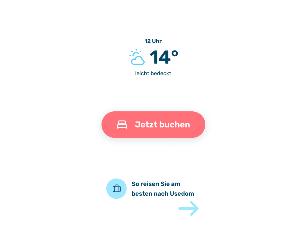 Minimalistisches Interface-Design einer Usedom-Website. Wetteranzeige zeigt 14 Grad und 'leicht bedeckt' um 12 Uhr, darunter ein auffälliger rosa Button mit der Aufforderung 'Jetzt buchen'. Am unteren Bildschirmrand ein Hinweis 'So reisen Sie am besten nach Usedom' mit Icon und Pfeil zur weiteren Information. Nutzerfreundliches Layout für Reiseplanung.