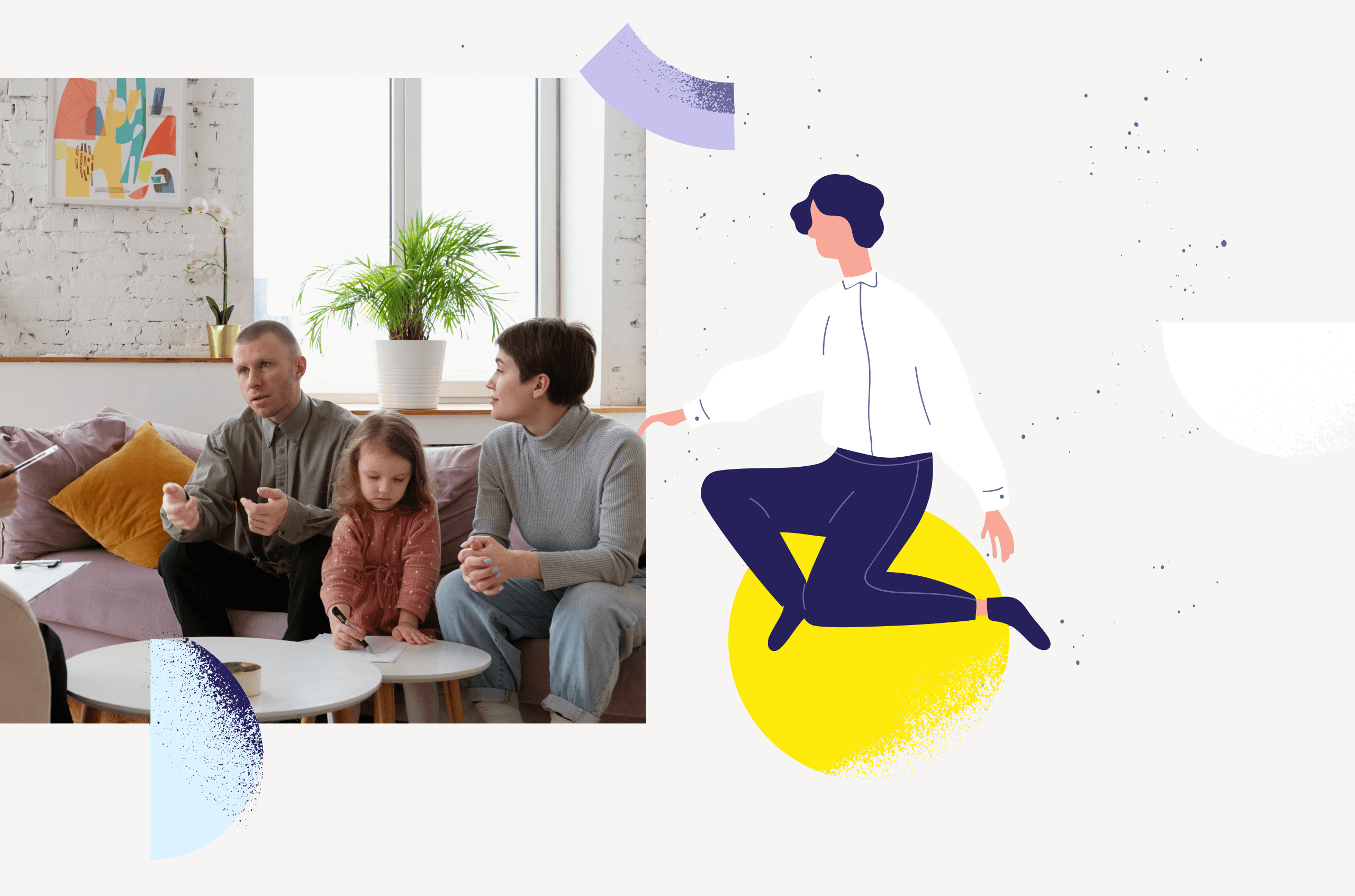 Familienberatung zu Hause: Ein Elternpaar mit Kind im Gespräch mit einem Berater, ergänzt durch eine abstrakte Illustration einer Person in Bewegung auf gelbem Kreis. Modernes, stilvolles Design mit einer Mischung aus Fotografie und Illustration.