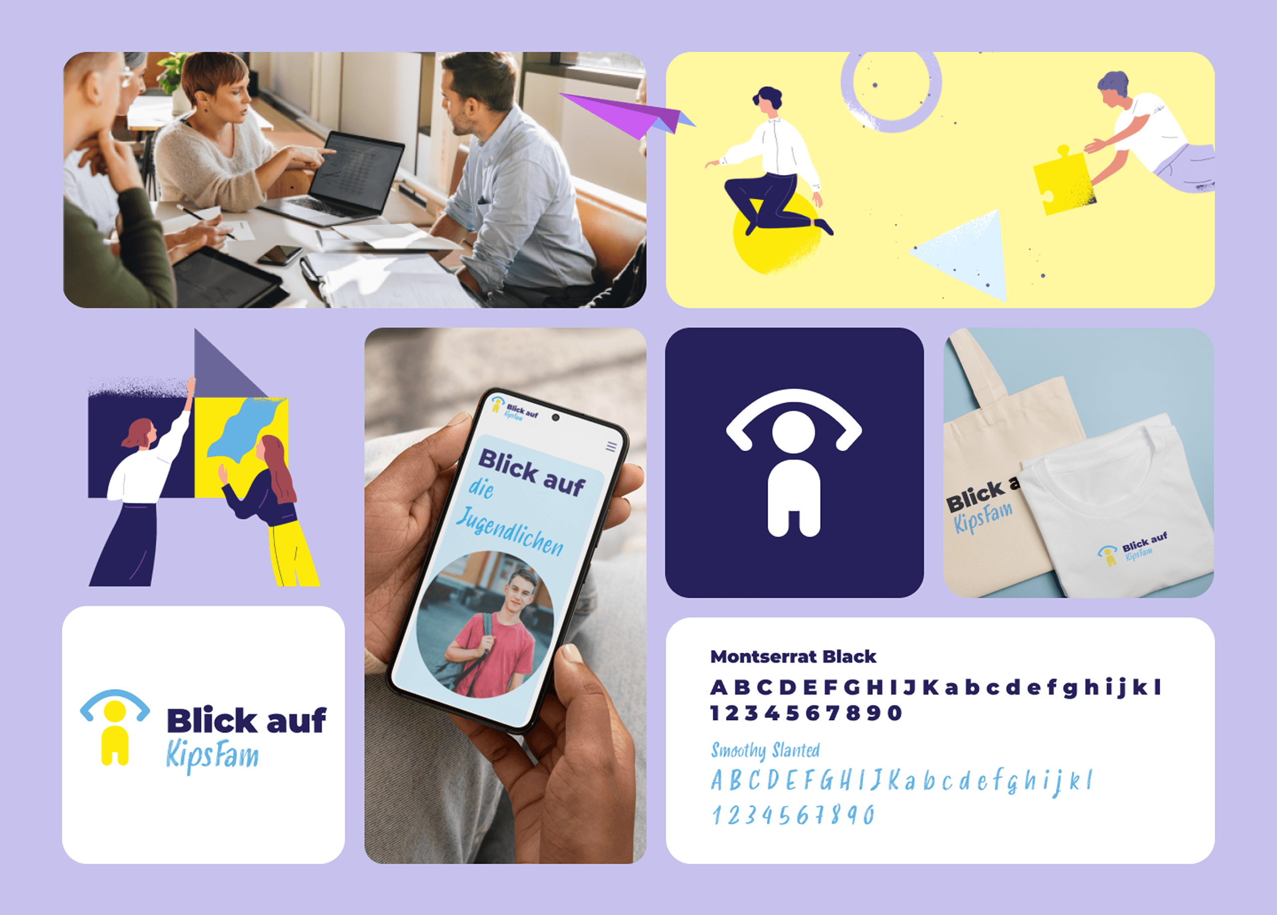 Markenauftritt von 'Blick auf KipsFam': Collage mit Branding-Elementen, darunter ein Logo mit stilisiertem Icon, Corporate Design-Farben, digitale und gedruckte Medien wie eine Smartphone-Ansicht der Website, Merchandise-Produkte (Tasche und T-Shirt) sowie Illustrationen und Schriftarten. Farbschema mit Blau, Gelb und Lila für eine moderne und vertrauensvolle Wirkung.