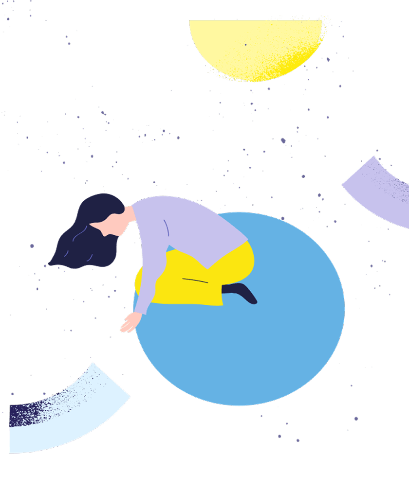 Moderne abstrakte Illustration einer Person mit dunklen Haaren, die in gebeugter Haltung auf einem blauen Kreis kniet. Die Figur trägt eine lilafarbene Jacke und eine gelbe Hose, umgeben von geometrischen Formen in Blau, Gelb und Lila mit gesprenkelten Akzenten. Minimalistisches, kreatives Design für digitale oder gedruckte Medien.