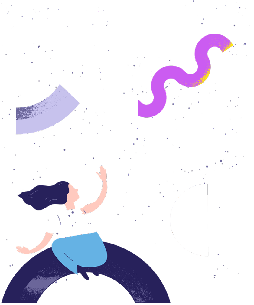 Abstrakte Illustration einer Person mit dunklen Haaren, die auf einem dunkelblauen Bogen sitzt und nach einer geschwungenen lilafarbenen Form greift. Die Figur trägt ein weißes Oberteil und eine blaue Hose, umgeben von geometrischen Elementen mit gesprenkelten Akzenten in Lila, Blau und Gelb. Modernes, minimalistisches Design für kreative Medien und digitale Anwendungen.