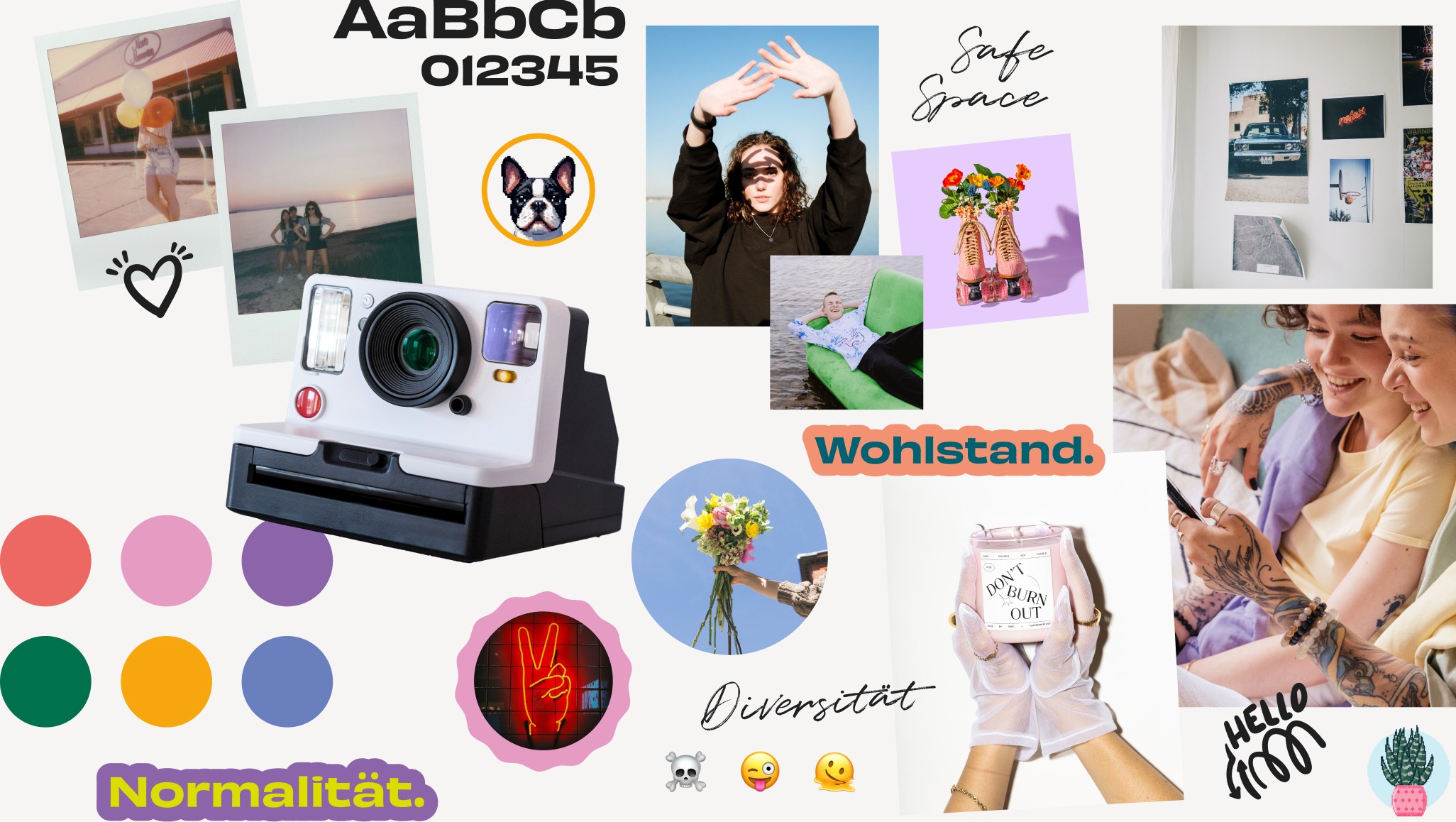 Ein Moodboard mit einem Mix aus inspirierenden Fotos und Grafiken: Im Zentrum eine Polaroid-Kamera, umgeben von Bildern, die Diversität, Wohlstand und Gemeinschaft zeigen. Farbpunkte in Grün, Orange, Rosa, Lila und Blau symbolisieren Vielfalt. Zwei Polaroid-Fotos zeigen fröhliche Momente, daneben Schlagworte wie „Normalität“ und „Safe Space“. Ein Blumenstrauß, Rollschuhe mit Blumen und junge Menschen strahlen Kreativität und Freude aus. Emoji-Symbole und moderne Typografie runden ab.