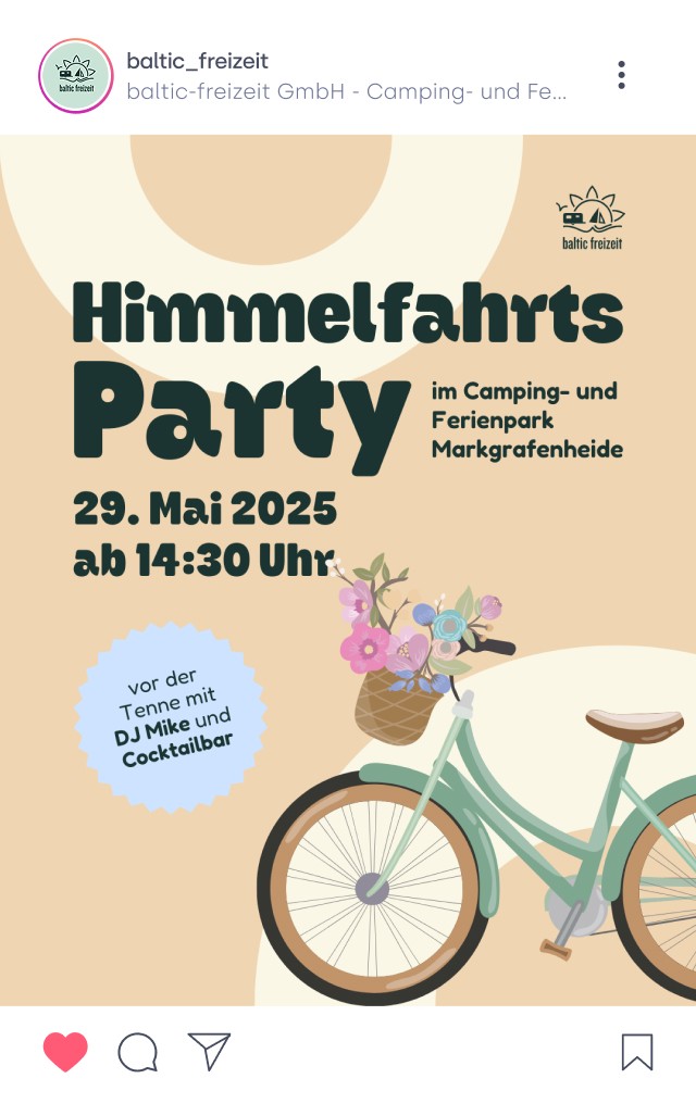 Social Media Grafik für die Himmelfahrts-Party am 29. Mai 2025 ab 14:30 Uhr im Camping- und Ferienpark Markgrafenheide. Ankündigung von DJ Mike und Cocktailbar vor der Tenne. Grafische Darstellung eines Fahrrads mit Blumen im Korb
