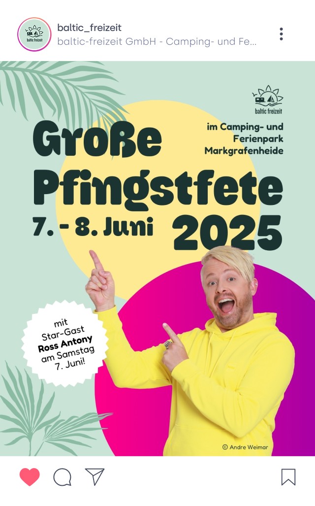 Social Media Grafik zur Großen Pfingstfete am 7. und 8. Juni 2025 im Camping- und Ferienpark Markgrafenheide mit Star-Gast Ross Antony am 7. Juni. Farbige, fröhliche Gestaltung mit Palmenblättern und einem Bild von Ross Antony in gelbem Hoodie.