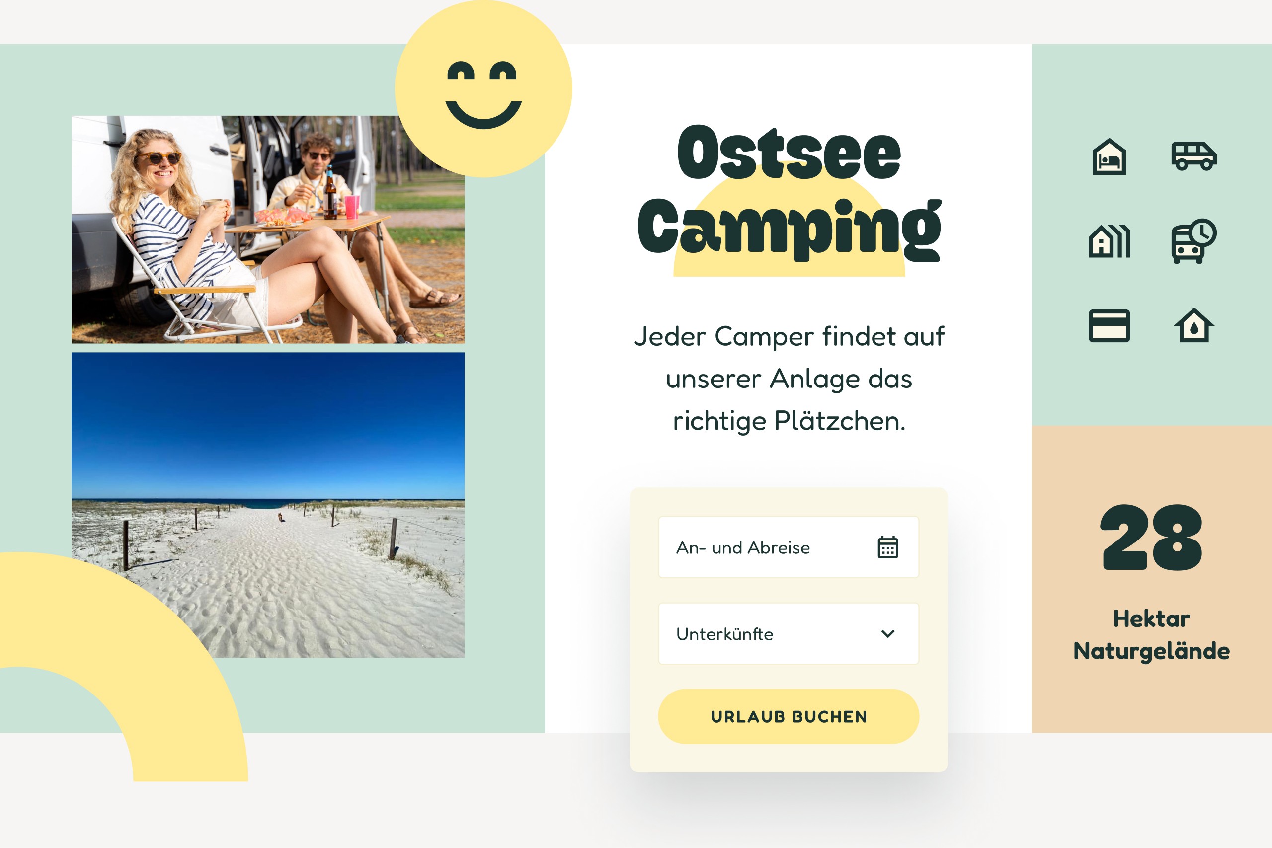 Foto von Mann und Frau mit Getränk vor Campervan, Foto von einem Strandaufgang, beide auf mintfarbenem Grund, Auszug aus der Website zur Unterkunftsbuchung, Illustrationen auf mintfarbenem Grund, Info: 28 Hektar Naturgeläde auf taupefarbenem Grund