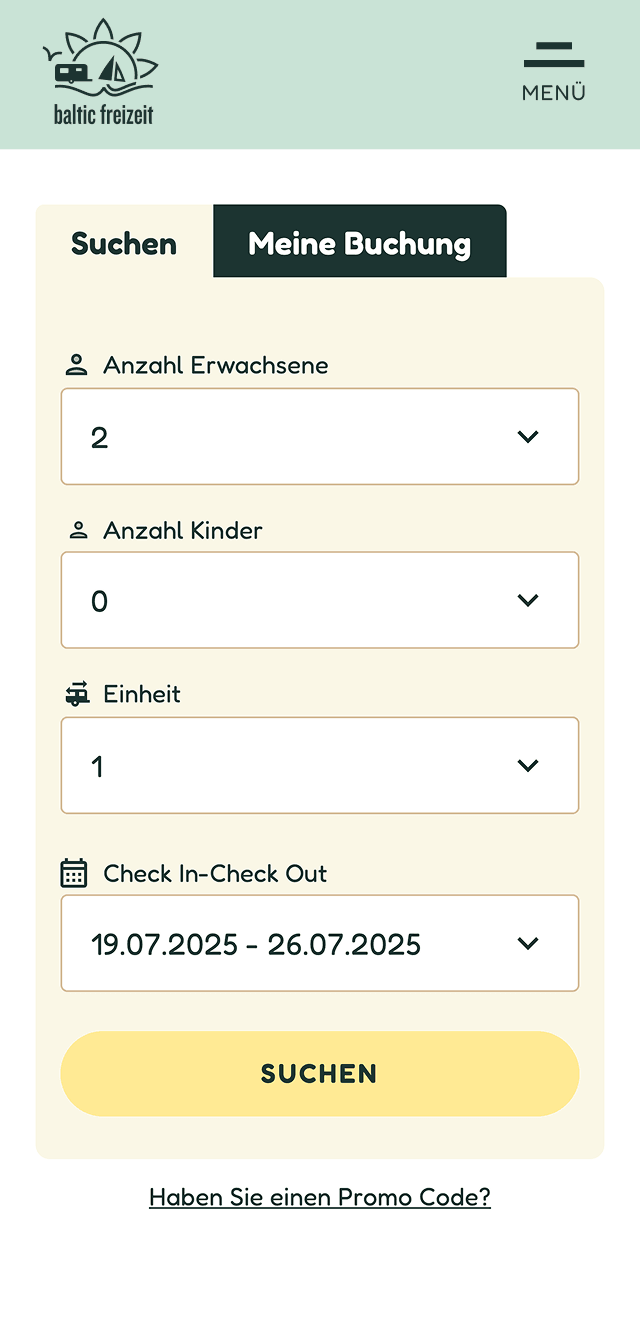 Screenshot der Buchungsübersicht der neuen Website auf mintfarbenem Grund, Auswahlmöglichkeiten Anzahl Erwachsene, Anzahl Kinder, Einheit, Check In-Check Out
