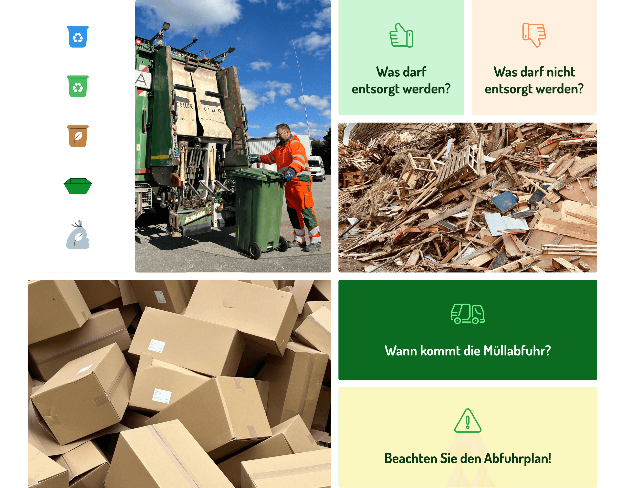 Icons im Corporate Design von GER für verschiedene Abfallarten, Web-Assets mit Hinweisen zu Entsorgung und Müllabfuhr sowie Fotos von Müllentsorgung, Altholz, Kartonagen und einem Müllfahrzeug in Aktion.