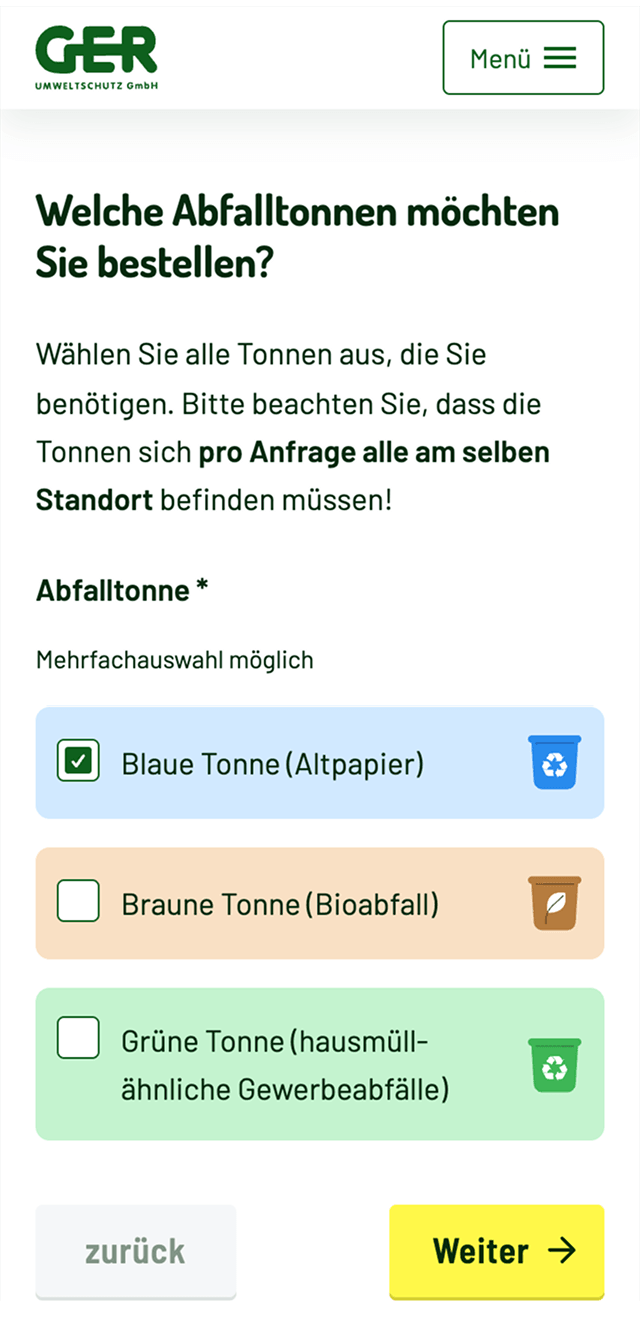 Screenshot der GER Umweltschutz Website auf dem Smartphone mit dem Online-Formular zur Bestellung von Abfalltonnen, Auswahloptionen für blaue Tonne (Altpapier), braune Tonne (Bioabfall) und grüne Tonne (hausmüllähnliche Gewerbeabfälle).