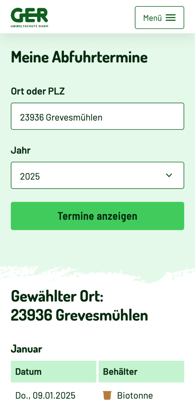 Screenshot der GER Umweltschutz Website auf dem Smartphone mit der Funktion ‚Meine Abfuhrtermine‘ für 23936 Grevesmühlen im Jahr 2025, Anzeige des nächsten Termins für die Biotonne am 09.01.2025.