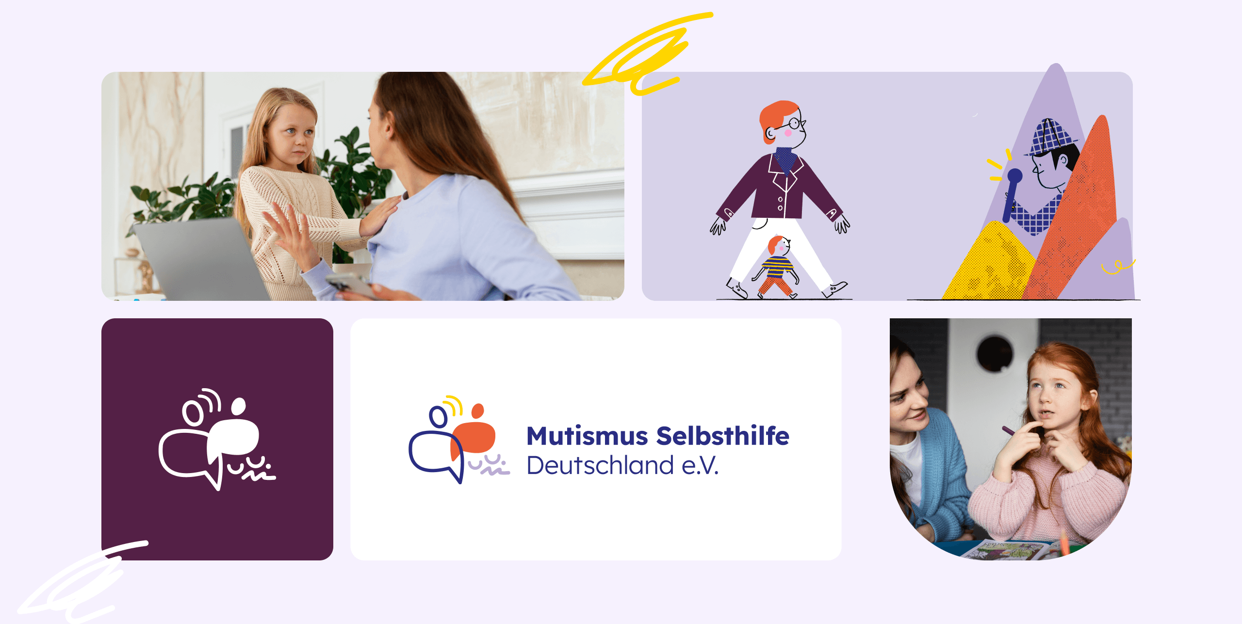 Bildkollage Mutismus Selbsthilfe Deutschland e.V.: Beratungssituation zwischen Mutter und Tochter, Illustration von Erwachsenen und Kindern, Vereinslogo und Szene mit Therapeutin und Mädchen – visuelle Darstellung von Unterstützung, Therapie und Aufklärung bei Mutismus.