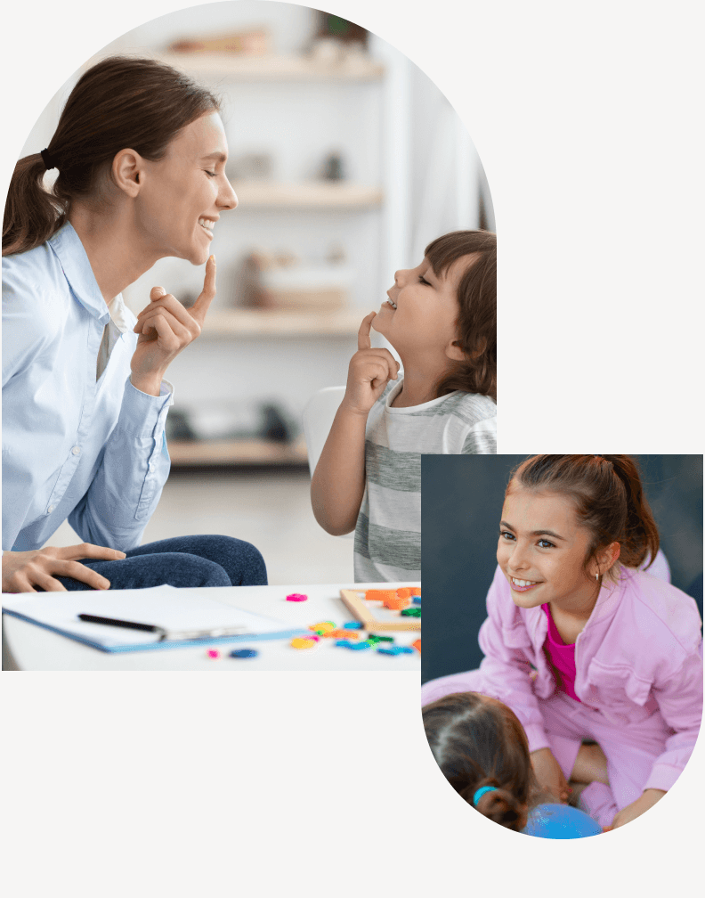 Therapeutin unterstützt Kind mit Mutismus bei Sprachübungen, daneben lächelndes Mädchen in pinker Kleidung – Mutismus e.V. informiert und hilft Betroffenen und Angehörigen.