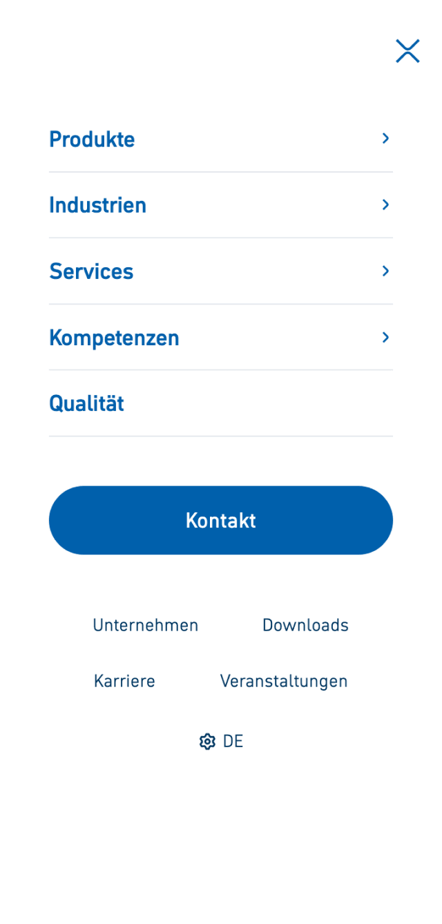 Mobile Navigation der Website der Dockweiler AG: Übersicht zu Produkten, Industrien, Services, Kompetenzen, Qualität und Kontakt
