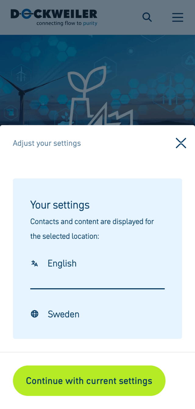 Screenshot der Dockweiler Webseite – Sprachauswahl und Standort-Einstellungen für personalisierte Inhalte; Auswahloptionen für Sprache ‚English‘ und Region ‚Sweden‘ mit Bestätigungsbutton ‚Continue with current settings‘.