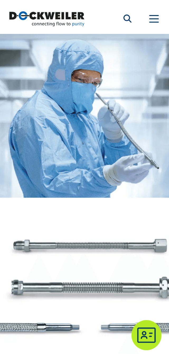 Screenshot von der Dockweiler Webseite – Techniker im Reinraumanzug inspiziert flexible Edelstahl-Schlauchleitung; darunter Produktansicht von Metallwellschläuchen für hygienische Rohrleitungssysteme in der Pharma- und Halbleiterindustrie.