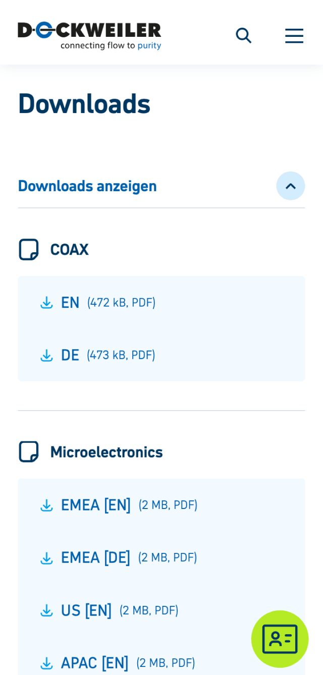Screenhot der Dockweiler Webseite – Downloadbereich mit technischen PDF-Dokumenten für COAX- und Microelectronics-Produkte; verfügbar in mehreren Sprachen und Regionen wie EMEA, US und APAC.
