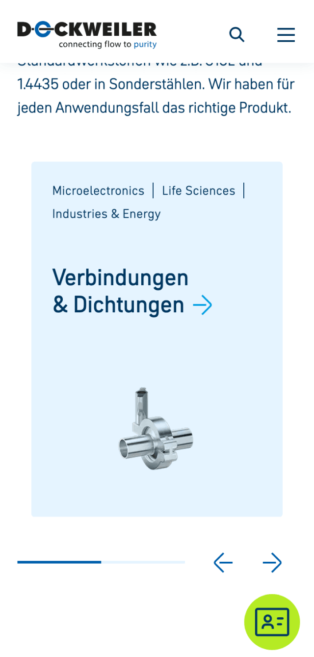 Screenshot der Dockweiler Webseite – Produktbereich. Verbindungen & Dichtungen‘ für Anwendungen in Mikroelektronik, Life Sciences sowie Industrie und Energie; Darstellung eines Edelstahl-Fittings für hygienische Rohrverbindungen.