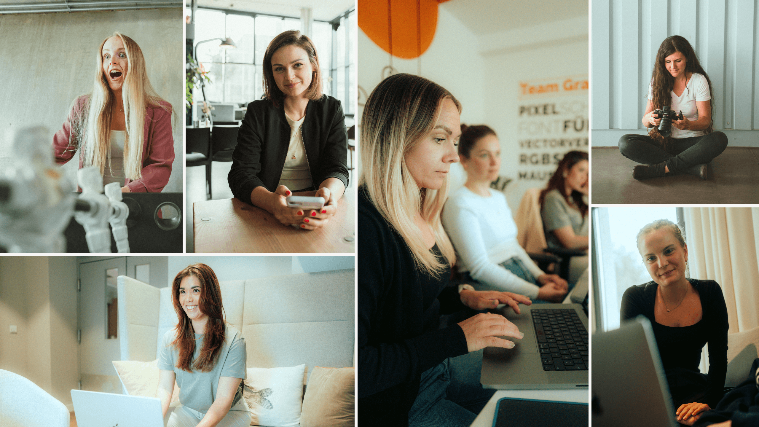 Fotokollage mit unseren Social Media Expertinnen bei der Arbeit – in verschiedenen modernen Office-Settings. Beim Arbeiten am Laptop, beim kreativen Austausch im Team, mit Smartphone oder Kamera. Authentisch, professionell und engagiert – das Gesicht unserer Social Media Beratung.