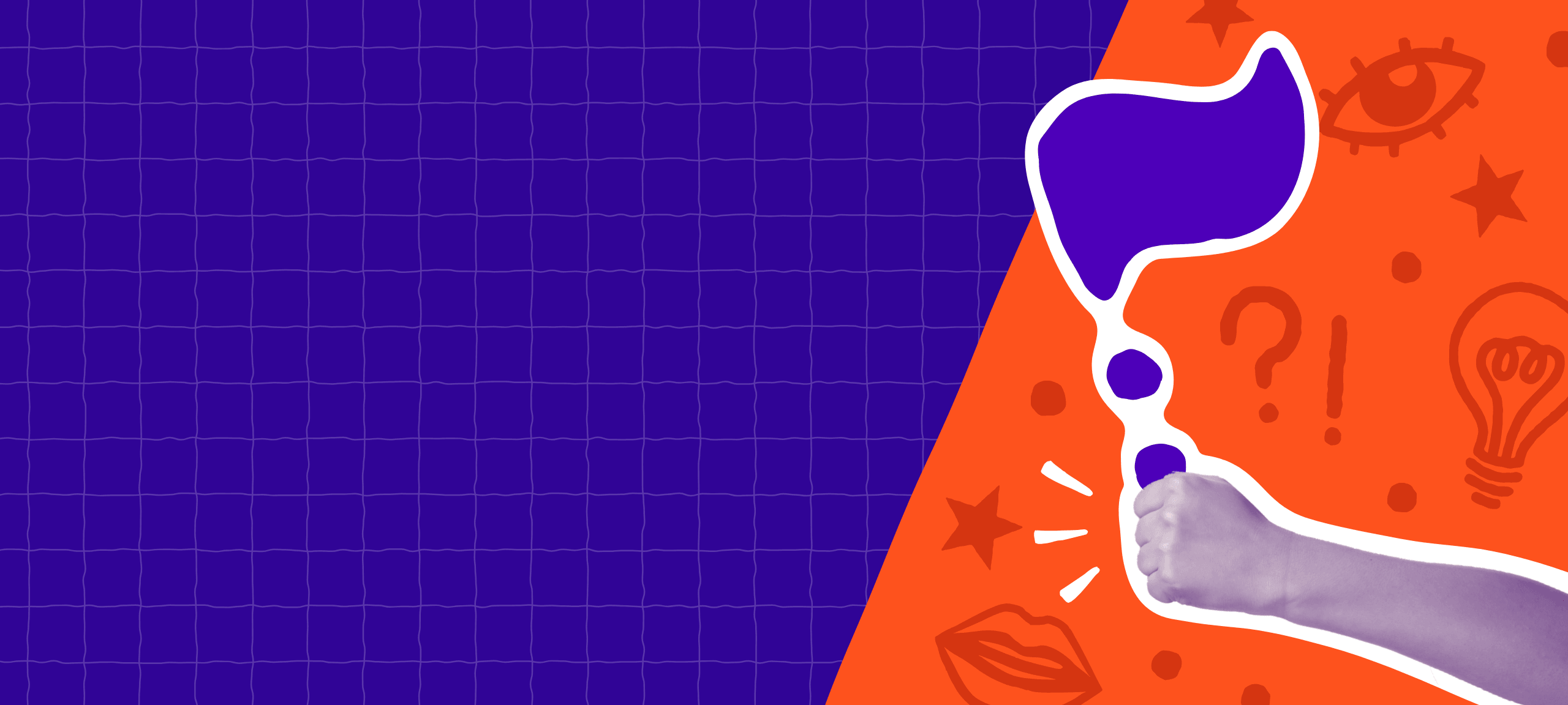 Grafisches Visual des Online-Events care:vention: Links violetter Hintergrund mit Rastermuster, rechts orangefarbener Bereich mit Illustrationen wie Fragezeichen, Glühbirne, Auge, Stern und Lippen. Im Vordergrund eine violett eingefärbte Hand, die eine stilisierte Fahne hält; der Fahnenmast ist als Doppelpunkt gestaltet.