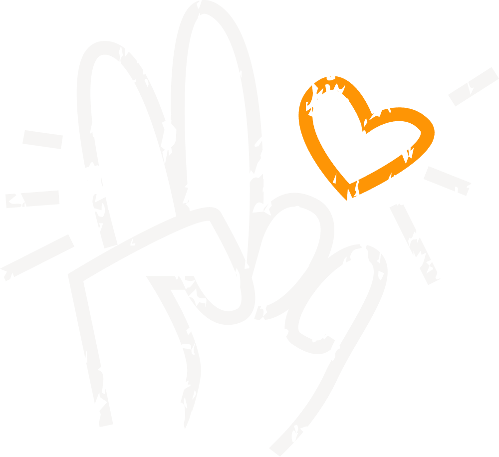 Minimalistische Illustration einer Hand, die ein Peace Zeichen macht mit einem orangenen Herz in der rechten Ecke