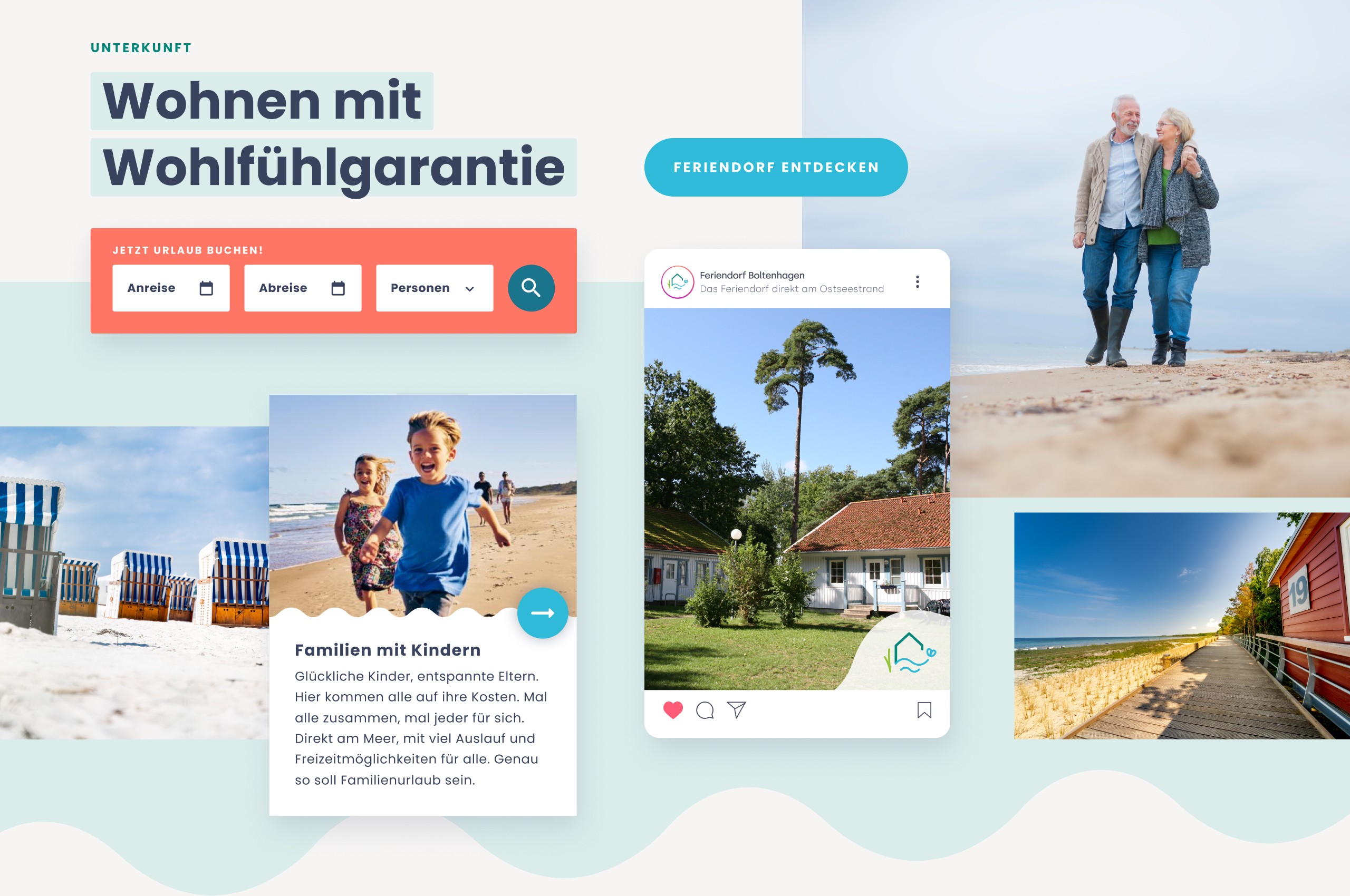 Collage mit Website Ausschnitten, Buchungsnavigation, Informationen in Textform, Social Media Beitrag mit einem Foto eines Schwedenhauses in Außenansicht, Foto von zwei älteren Menschen Arm im Arm am Strand, Foto eines roten Schwedenhauses direkt am Strand