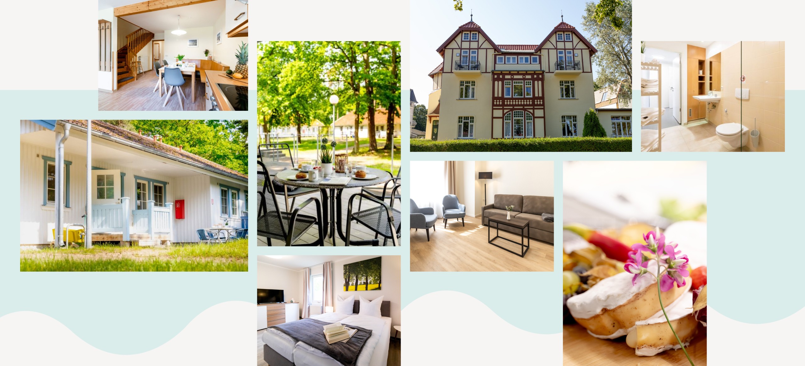 Collage mit acht Bildern, Außenansicht eines weißen Schwedenhauses, Minimalistisch gemütlich eingerichtetes Esszimmer, Gedeckter Gartentisch mit Blick ins Grüne, Minimalistisch gemütliches Schalfzimmer mit einem Doppelbett, gelbes Haus mit rotbraunen Fachwerkelementen, minimalistisch gemütliches Wohnzimmer mit grauem Sofa und grauen Sesseln, helles Badezimmer, schön angerichtetes Essen