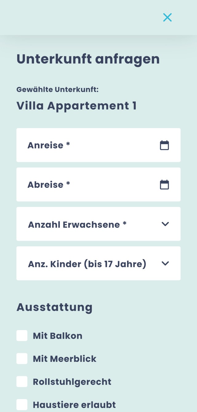 Screenshot des Kontaktformulars, um eine Unterkunft anzufragen