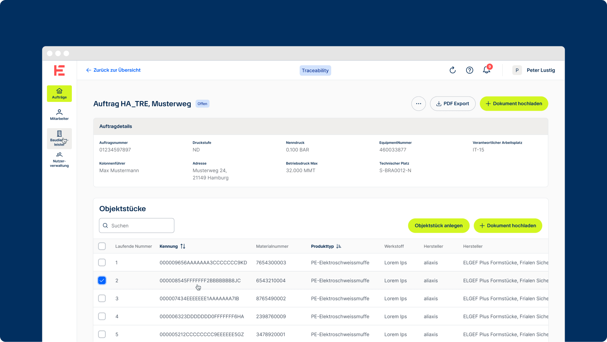 Screenshot eines digitalen Dashboards der Hamburger Energienetze zur Auftragsverwaltung.