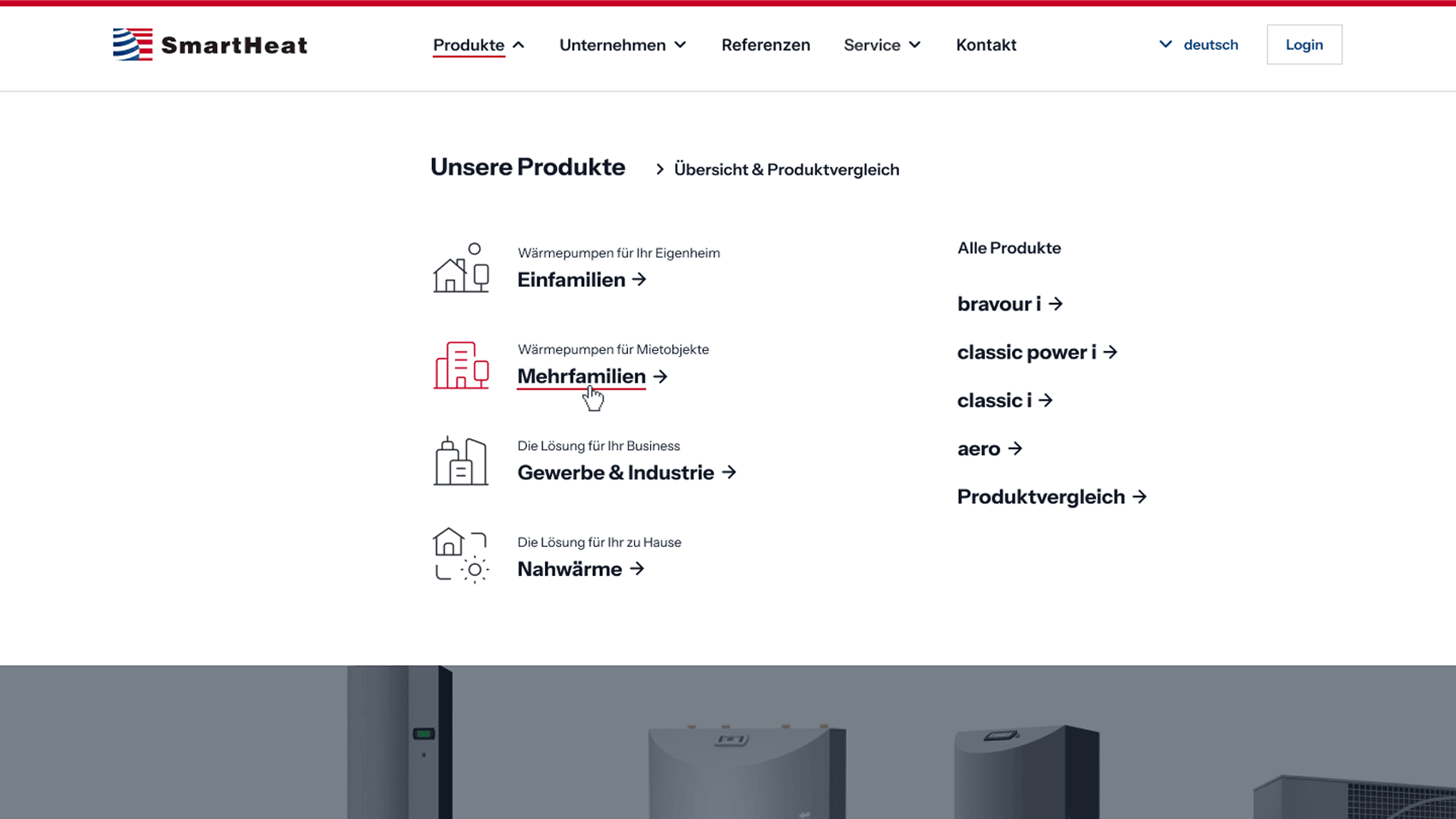 Mega-Menü der Webseite von Smartheart.