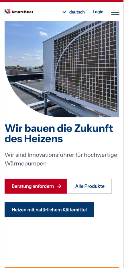Die Startseite der Webseite von Smartheat in der Phone-Ansicht.